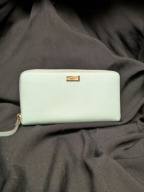 Kate Spade Tiffany Blue zip-around wristlet wallet with gold logo